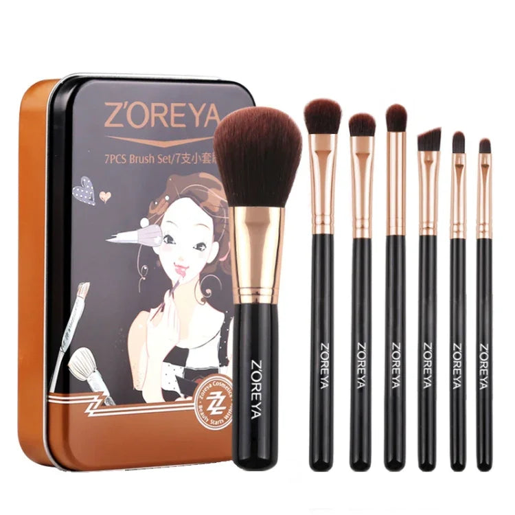 مجموعة فرش مكياج ZOREYA ZS744 7 في 1، أدوات تجميل، فرشاة، وردي + حقيبة، أسود + حقيبة، وردي + علبة حديد، أسود + علبة حديد