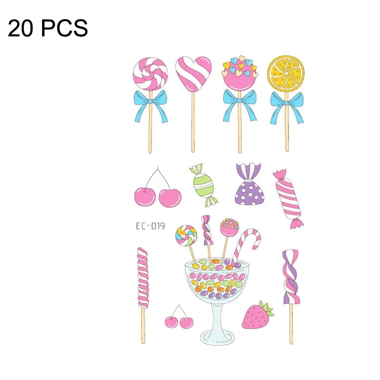 20 قطعة ملصقات وشم كرتونية مقاومة للماء ومضادة للعرق للأطفال، EC-013، EC-014، EC-018، EC-019، EC-020، EC-021، EC-022، EC-023، EC-024، EC-025، EC-028، EC-029، EC-030، EC-032، EC-035