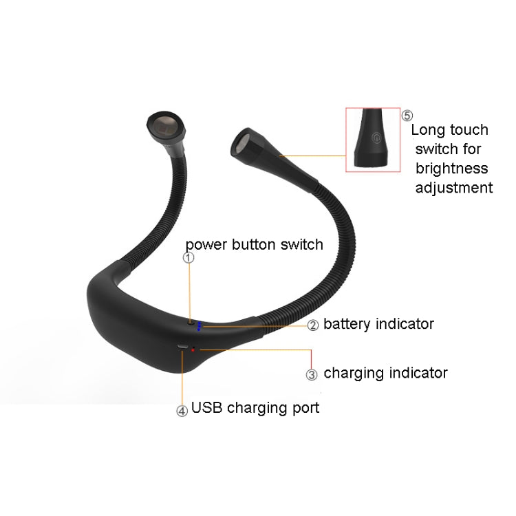 مصباح رقبة معلق، مصباح قراءة LED حماية للعين للطلاب، USB قابل لإعادة الشحن، مصباح كتاب، أبيض، أسود