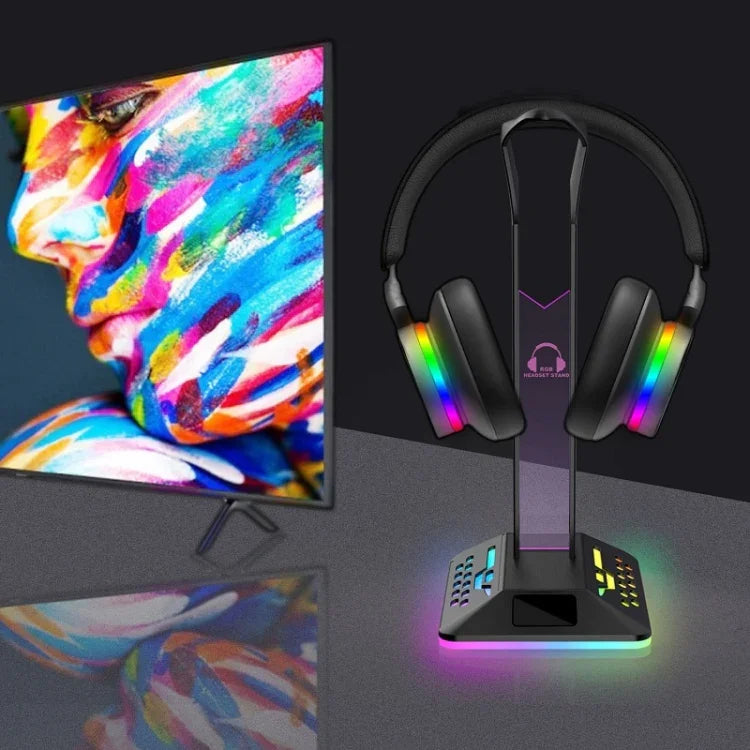 حامل سماعات ألعاب مع إضاءة RGB ومنفذي USB مزدوجين لتغيير الألوان