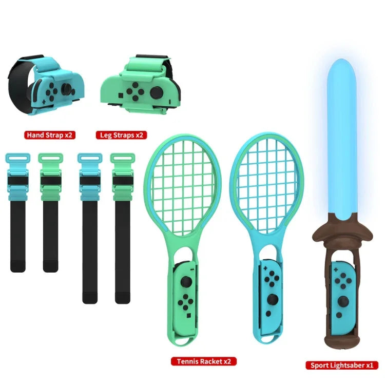 مجموعة رياضية 7 في 1 DOBE TNS-2123 سيف ضوئي رياضي + حزام ساق + مضرب تنس + حزام معصم لجهاز Nintendo Switch، DOBE 7 في 1