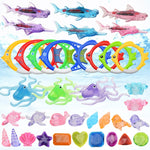 Diving Swimming Pool Toys Children Summer Water Toys, 4PCS Torpedo, 5PCS Diving Stick, 3PCS Octopus, 4PCS Hard Ring, 4PCS Soft Ring, 3PCS Small Seaweed, 3PCS Big Seaweed, 8PCS Small Stones (large), 8PCS Big Stones (small), 4PCS Sea Horses, 4PCS Sharks ...