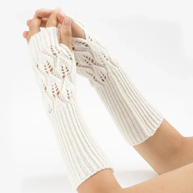 Winter Men and Women Knitted Jacquard Leaves Cycling Warm Fingerless Wool Gloves, Purple, Black, White, Jujube, Shallow Gray, Coffee, Deep Gray