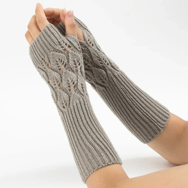 Winter Men and Women Knitted Jacquard Leaves Cycling Warm Fingerless Wool Gloves, Purple, Black, White, Jujube, Shallow Gray, Coffee, Deep Gray