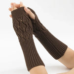 Winter Men and Women Knitted Jacquard Leaves Cycling Warm Fingerless Wool Gloves, Purple, Black, White, Jujube, Shallow Gray, Coffee, Deep Gray