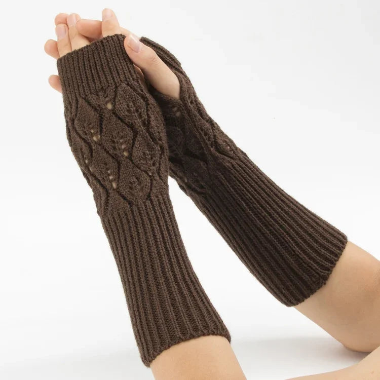 Winter Men and Women Knitted Jacquard Leaves Cycling Warm Fingerless Wool Gloves, Purple, Black, White, Jujube, Shallow Gray, Coffee, Deep Gray