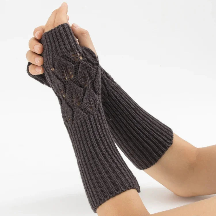 Winter Men and Women Knitted Jacquard Leaves Cycling Warm Fingerless Wool Gloves, Purple, Black, White, Jujube, Shallow Gray, Coffee, Deep Gray
