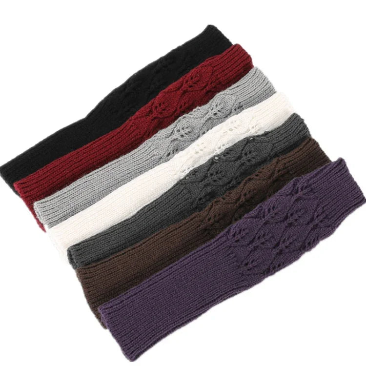 Winter Men and Women Knitted Jacquard Leaves Cycling Warm Fingerless Wool Gloves, Purple, Black, White, Jujube, Shallow Gray, Coffee, Deep Gray