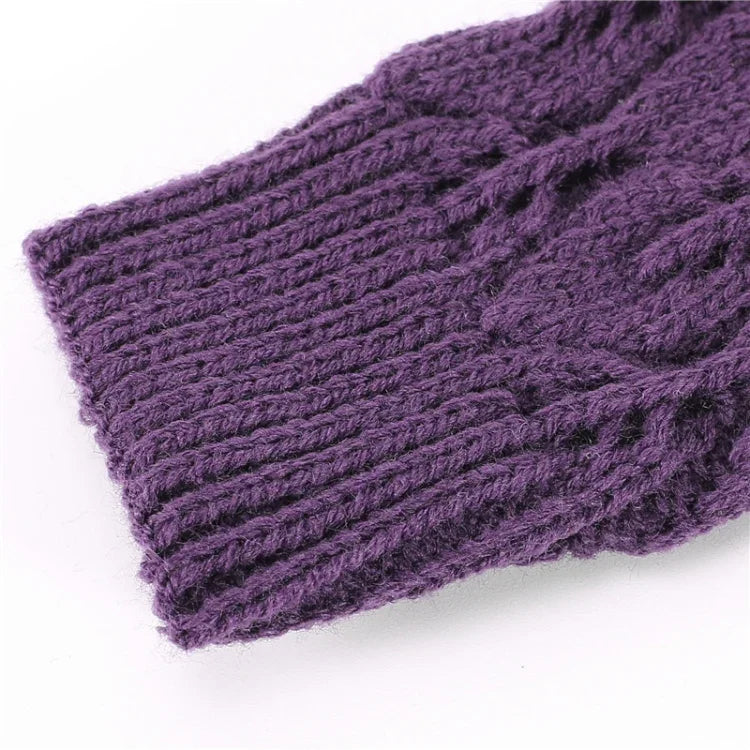 Winter Men and Women Knitted Jacquard Leaves Cycling Warm Fingerless Wool Gloves, Purple, Black, White, Jujube, Shallow Gray, Coffee, Deep Gray