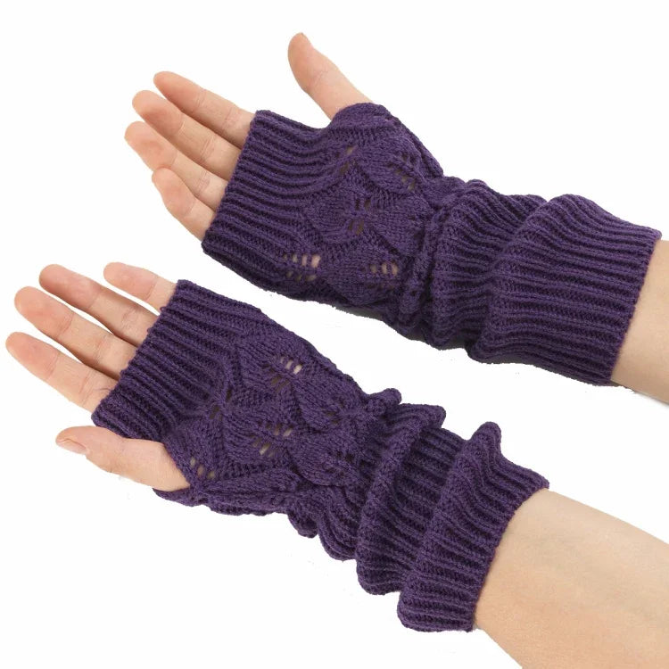 Winter Men and Women Knitted Jacquard Leaves Cycling Warm Fingerless Wool Gloves, Purple, Black, White, Jujube, Shallow Gray, Coffee, Deep Gray