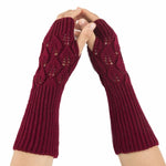 Winter Men and Women Knitted Jacquard Leaves Cycling Warm Fingerless Wool Gloves, Purple, Black, White, Jujube, Shallow Gray, Coffee, Deep Gray