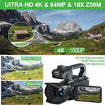 كاميرا فيديو رقمية محمولة بشاشة لمس 4 إنش بدقة 64 ميجابكسل، 4K 16G، 4K 32G، 4K 64G