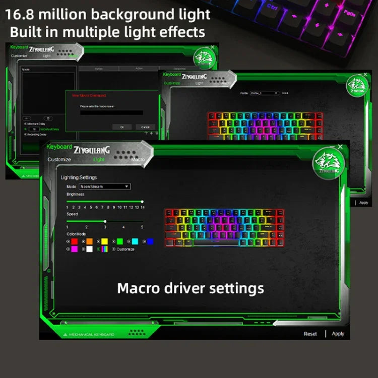 لوحة مفاتيح ميكانيكية للألعاب ZIYOU LANG T8 بعدد 68 مفتاح مع إضاءة RGB، طول الكابل: 1.5 متر، النمط: نسخة T8 ميكرو لايت بمحور أخضر