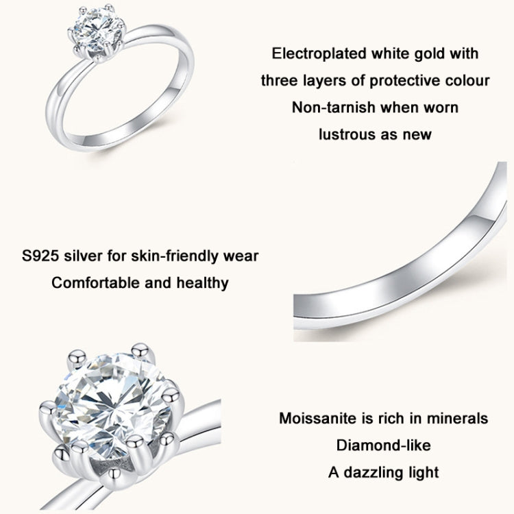MSR006 Sterling Silver S925 Six Claw Moissanite Ring White Gold Plated Jewellery, No.6, No.7, No.8