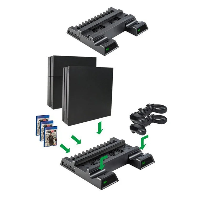 حامل مروحة تبريد عمودي لوحدة تحكم PS4 / PS4 Slim / PS4 Pro مع شاحن مزدوج لأجهزة التحكم، JL-P1908