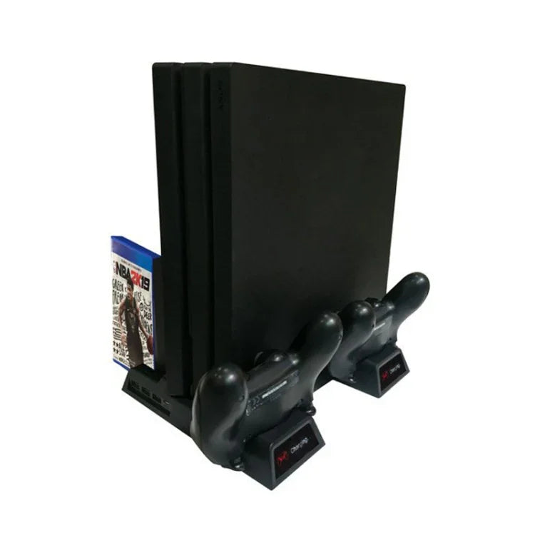 حامل مروحة تبريد عمودي لوحدة تحكم PS4 / PS4 Slim / PS4 Pro مع شاحن مزدوج لأجهزة التحكم، JL-P1908
