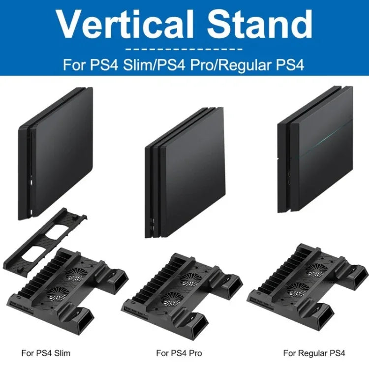 حامل مروحة تبريد عمودي لوحدة تحكم PS4 / PS4 Slim / PS4 Pro مع شاحن مزدوج لأجهزة التحكم، JL-P1908