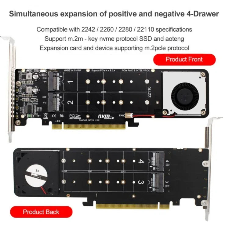 محول توسيع مصفوفة RAID PCI-E X16 إلى M.2 M-key NVME X4 SSD يدعم 2242/2260/2280/22110، PH44Plus