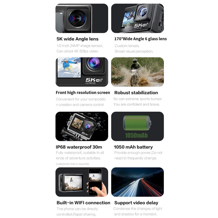 كاميرا رياضية مقاومة للماء IP68 بدقة 5K و30 إطارًا في الثانية مع واي فاي، تثبيت صورة، شاشة مزدوجة، تحكم عن بعد، كاميرا 5K + بطاقة 64 جيجابايت، كاميرا 5K + بطاقة 128 جيجابايت