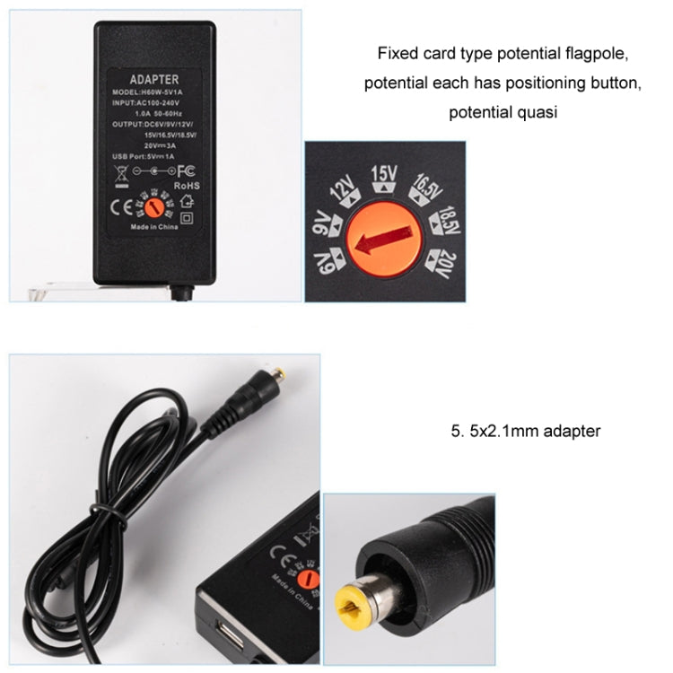 شاحن طاقة تيار مستمر قابل للتعديل 65W 6-20V 3A، قابس أمريكي، قابس أوروبي، قابس بريطاني صغير، قابس أسترالي، قابس بريطاني كبير
