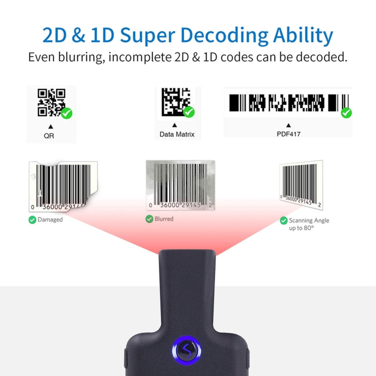 HC101D  2D Bluetooth Barcode Scanner Wireless Back Clip Phone Barcode Reader, 2D Middle, 2D Side