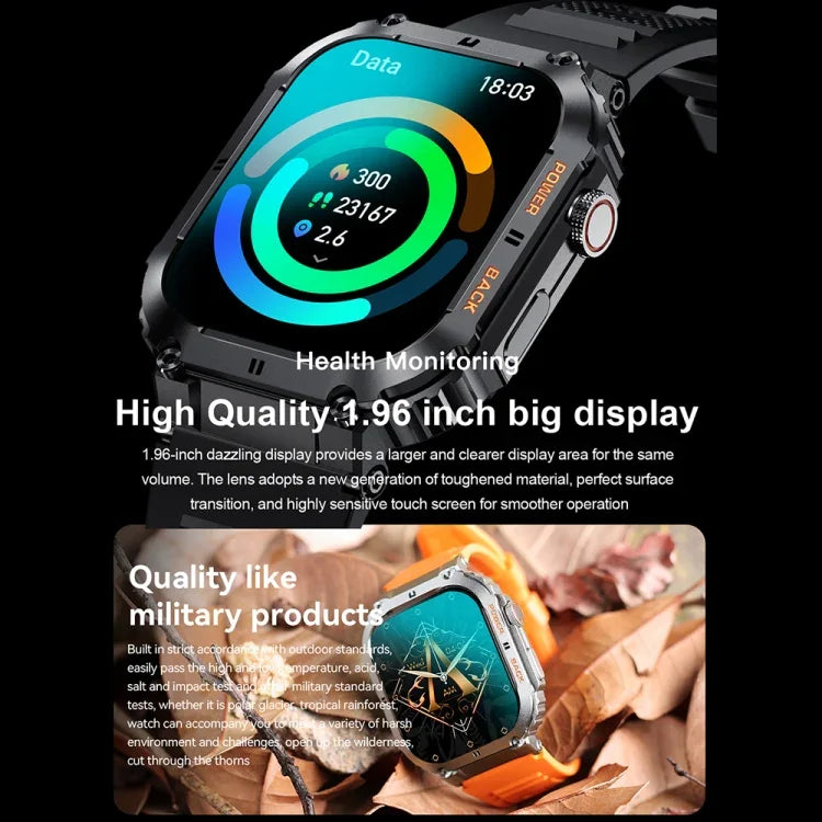 K57 Pro ساعة ذكية مقاومة للماء بمقاس 1.96 بوصة مع مكالمات بلوتوث، عرض الموسيقى والطقس، ألوان: أسود، برتقالي، جلد أسود، جلد فضي، فولاذ أسود، فولاذ فضي، ثلاث خرزات أسود، ثلاث خرزات فضي، خيزران أسود، خيزران فضي