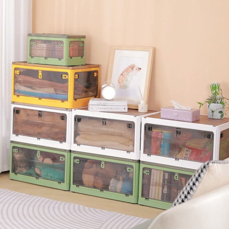Folding Plastic Storage Box Stackable Storage Organizer with Wheels, White  37 x 26.5 x 22 cm, Yellow  37 x 26.5 x 22 cm, Green  37 x 26.5 x 22 cm, White Wooden Lid  37 x 26.5 x 22 cm, Yellow Wooden Lid  37 x 26.5 x 22 cm
