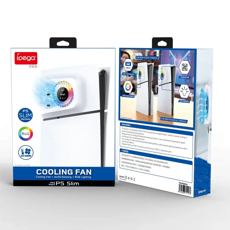 مروحة تبريد مع غطاء وجه لجهاز PS5 Slim ipega PG-P5S019 مع مركز USB وأضواء RGB، ipega PG-P5S019