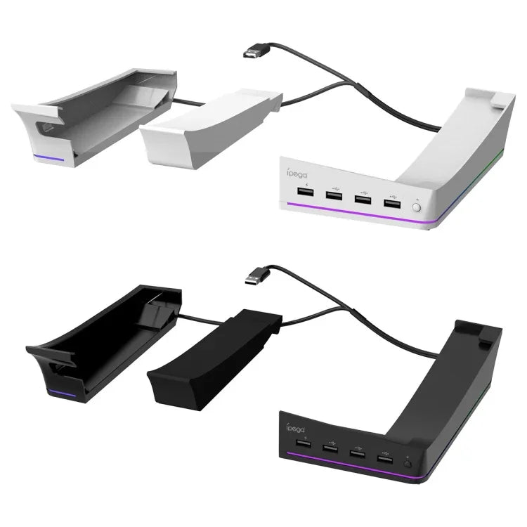حامل أفقي مع أضواء RGB وأربعة مراكز USB لجهاز Sony PS5 Slim IPEGA PG-P5S021، أبيض