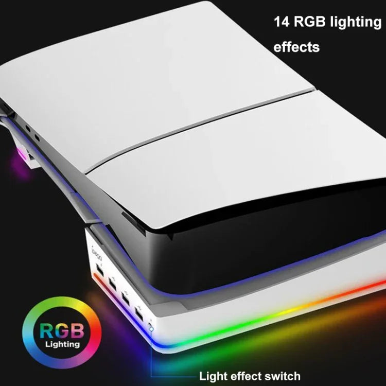 حامل أفقي مع أضواء RGB وأربعة مراكز USB لجهاز Sony PS5 Slim IPEGA PG-P5S021، أبيض