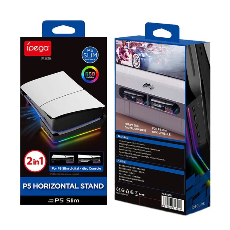 حامل أفقي مع أضواء RGB وأربعة مراكز USB لجهاز Sony PS5 Slim IPEGA PG-P5S021، أبيض