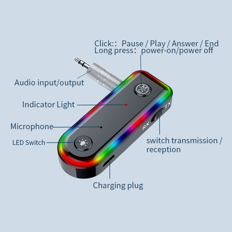 Q3 2-in-1 RGB Light Bluetooth Audio Receiver Launcher Car Audio Adapter, Q3