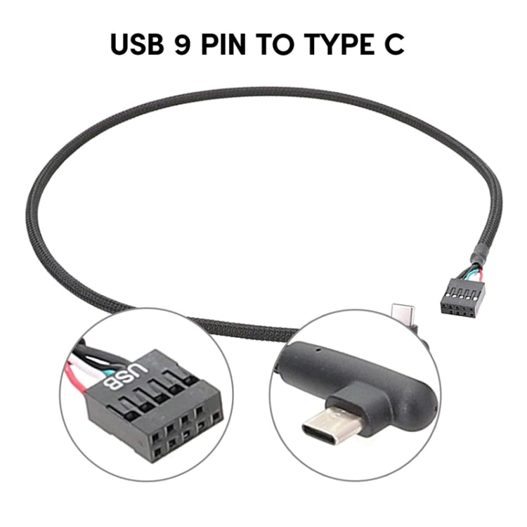 كابل بيانات USB 9 دبوس إلى Type-C بزاوية للوحة الأم، كابل شبكي مضفر، 60 سم زاوية