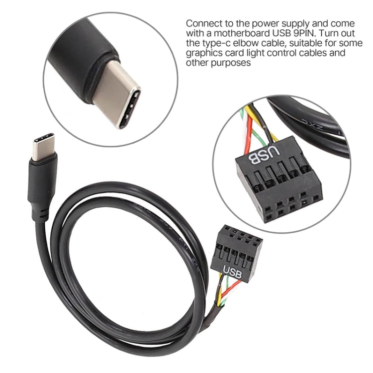 كابل بيانات USB 9 دبوس إلى Type-C مستقيم مزدوج الحماية للوحة الأم، 50 سم مستقيم