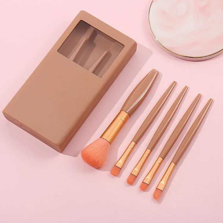 5 In 1 Windowed Mirror Case Portable Mini Multifunctional Makeup Brushes Cosmetic Tool Set, Bean Paste Color, Pink, Blue