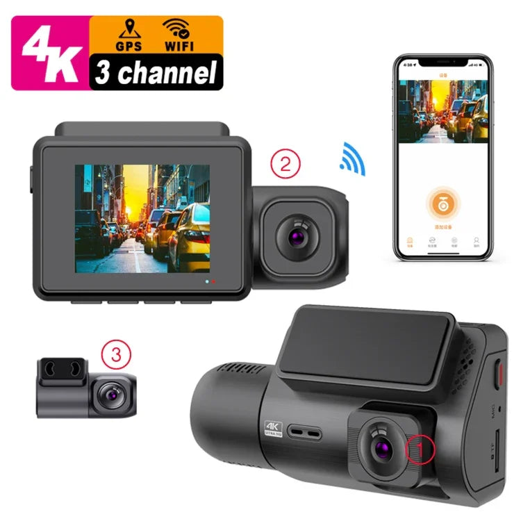 M700A مسجل سيارة بثلاث قنوات 4K UHD أمامي + 1080P داخلي + 2K خلفي + GPS + واي فاي، كاميرا داش، M700A