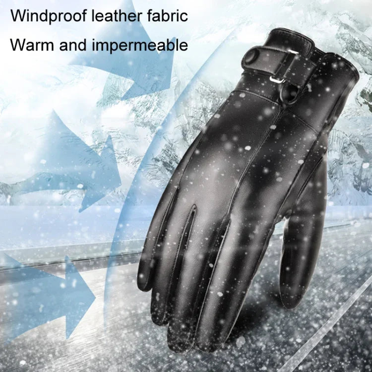 Fall Winter Men Leather Gloves PU Velvet Warm Riding Driving Touchscreen Gloves, Average