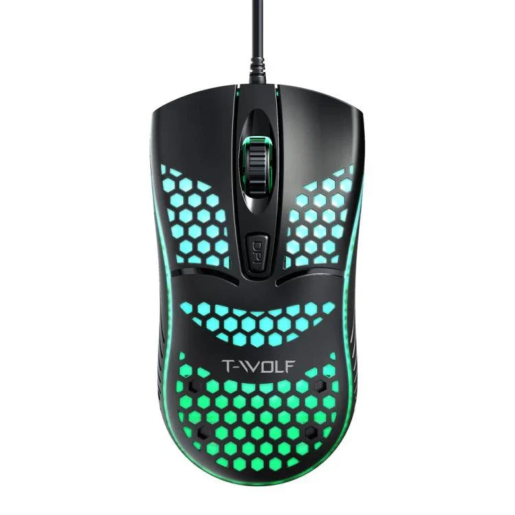 T-WOLF V15 Honeycomb Wired USB Gaming Mouse with RGB Lighting Ergonomic Hollow Design for PC Office Home Use