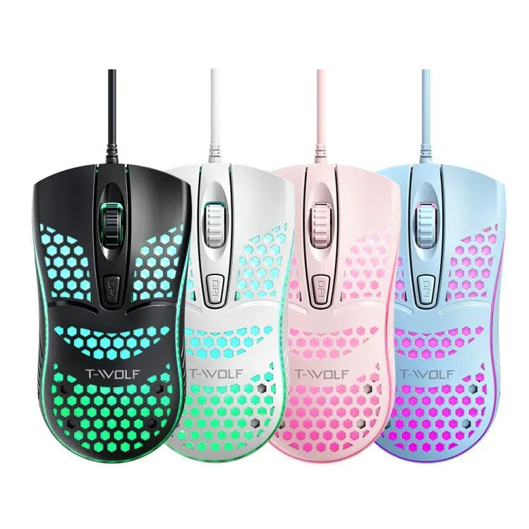فأرة ألعاب سلكية USB بتصميم مسامي مريح مع إضاءة RGB للاستخدام المكتبي والمنزلي من T-WOLF V15