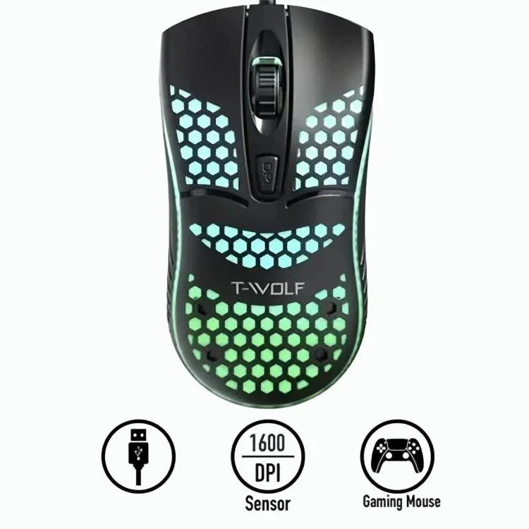 فأرة ألعاب سلكية USB بتصميم مسامي مريح مع إضاءة RGB للاستخدام المكتبي والمنزلي من T-WOLF V15