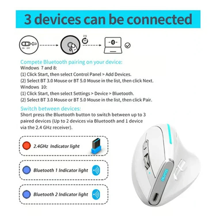 ZELOTES F36 قبضة رأسية مريحة ببرمجة 9 مفاتيح مزدوجة البلوتوث + 2.4G فأرة لاسلكية، F36 (أبيض)، F36 (أسود)