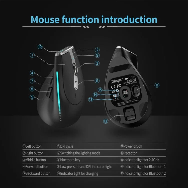 ZELOTES F36 قبضة رأسية مريحة ببرمجة 9 مفاتيح مزدوجة البلوتوث + 2.4G فأرة لاسلكية، F36 (أبيض)، F36 (أسود)