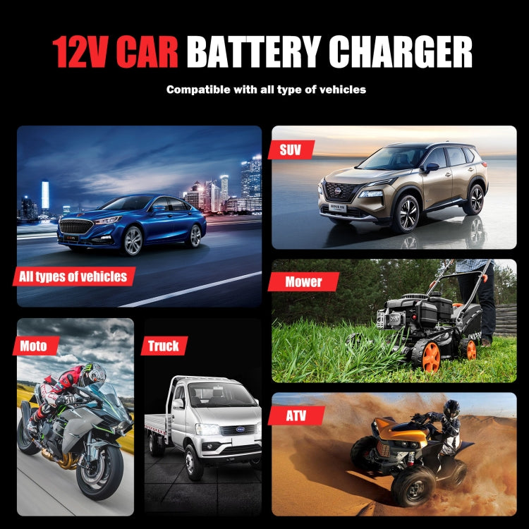 FOXSUR 12V8A SUV Car Motorcycle Intelligent Repair Type Lead-acid Battery Charger, EU Plug, US Plug, UK Plug