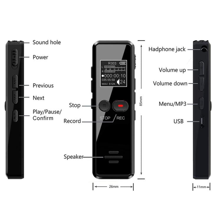 مسجل مقابلات صغير عالي الدقة بشاشة LCD بحجم 0.9 بوصة، مشغل MP3 مع شحن USB، 8GB، 16GB، 32GB، 64GB