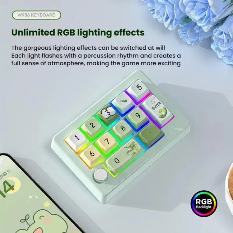 MKESPN W908 لوحة مفاتيح ميكانيكية للألعاب بإضاءة خلفية RGB قابلة للتبديل الساخن وماكرو معرف لاسلكية بثلاثة أوضاع