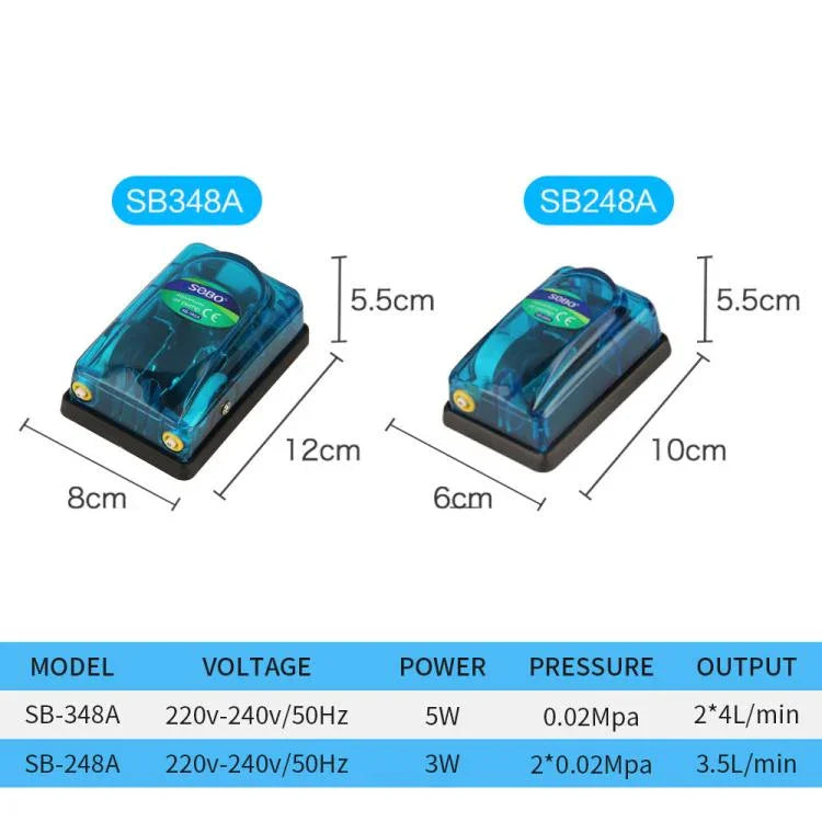مضخة هواء شفافة للأكواريوم فائقة الهدوء 220-240V، SOBO SB-248A 3W بثقب واحد، SOBO SB-348A 5W بثقبين