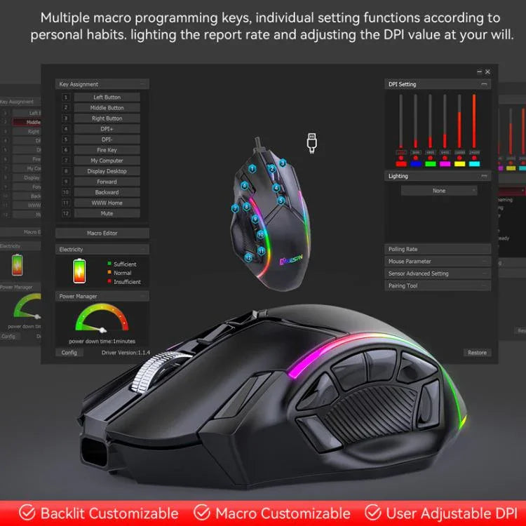 فأرة ألعاب لاسلكية MKESPN W605 بثلاثة أوضاع بدقة 24000 DPI مع تخصيص ماكرو 12 مفتاح، W605