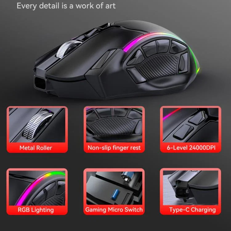 فأرة ألعاب لاسلكية MKESPN W605 بثلاثة أوضاع بدقة 24000 DPI مع تخصيص ماكرو 12 مفتاح، W605