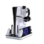 محطة عرض شحن JYS لأجهزة PS5/PS5 Slim/PS Portal مع قاعدة شحن مزدوجة لوحدات التحكم ومروحة تبريد وعلاقة سماعات رأس