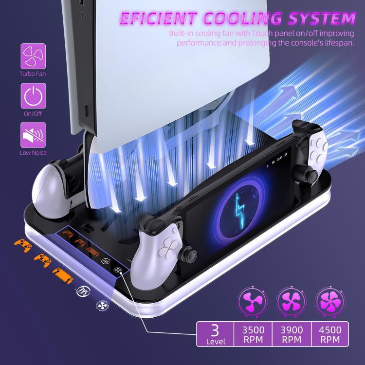 محطة عرض شحن JYS لأجهزة PS5/PS5 Slim/PS Portal مع قاعدة شحن مزدوجة لوحدات التحكم ومروحة تبريد وعلاقة سماعات رأس